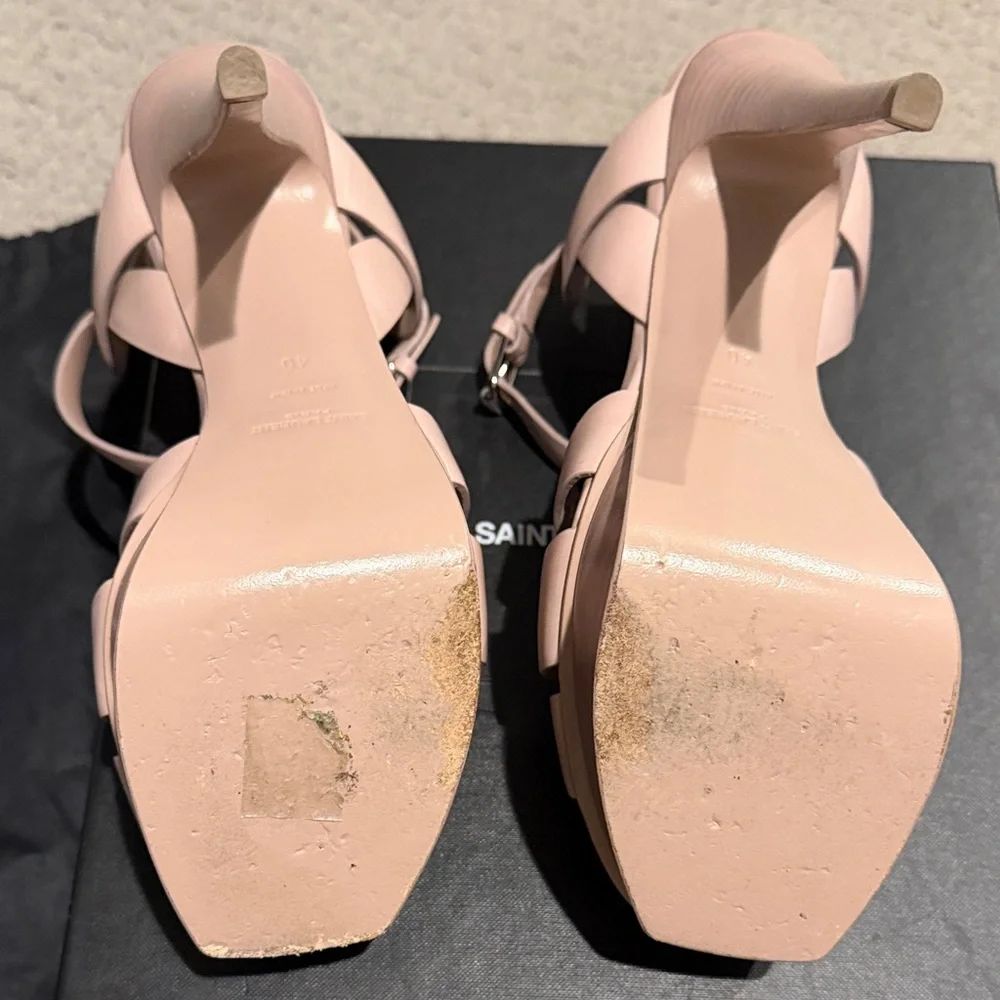 Saint Laurent Pink Leather T-Strap Woven Heeled Sandals - Picture 2 of 5
